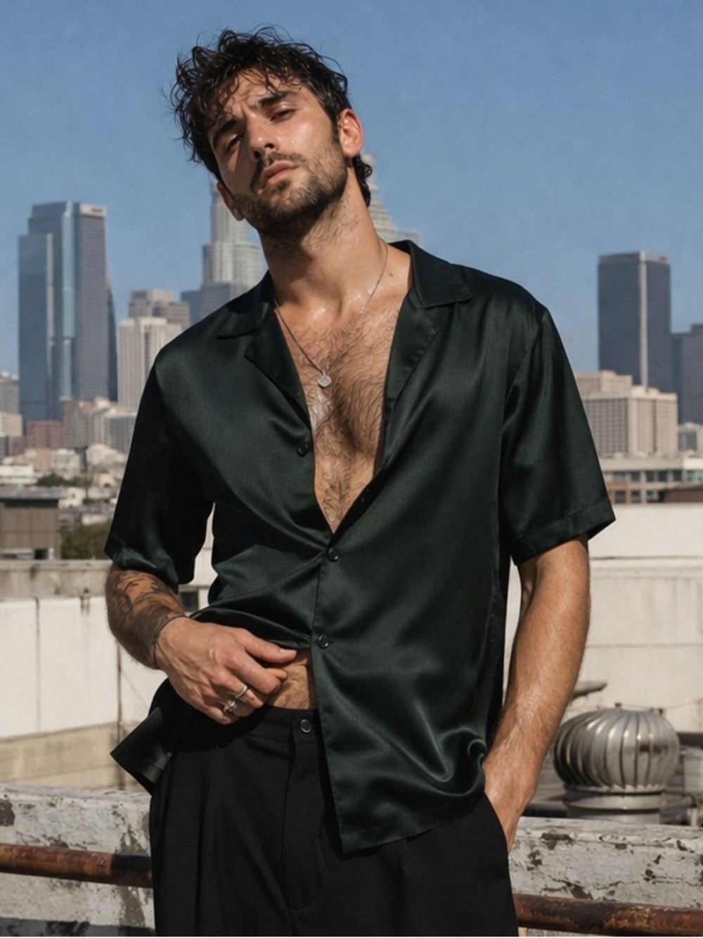 ZARA Dark Emerald Green Viscose Camp Collar Shirt XL Relaxed Minimal